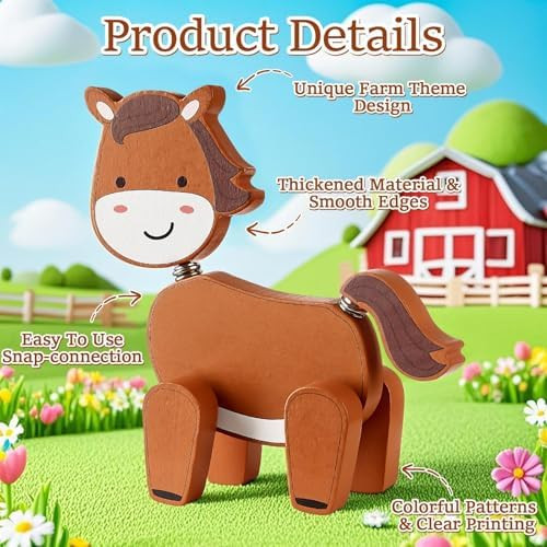 Ojustbeok 28 Pcs Farm Animal Snap Together Building Wooden Take Apart Cow Horse Sheep Pig Stem Montessori Educational Fine Motor Skill 3D Puzzle Learning Activity Game