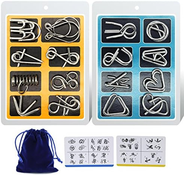 Padike Metal Wire Puzzle 16-Piece Set With Pouch – Iq Test Brain Teaser Disentanglement Chinese Ring Fidget Toy For Kids & Adults – Portable Party Favor