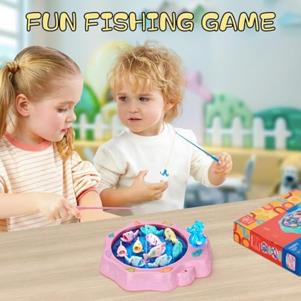 Pakoo Fishing Game Toys, Rotating Board Game With Music Including 10 Fishes And 2 Fishing Poles, Party Game Toys For Kids Age 3 4 5 6 7 And Up