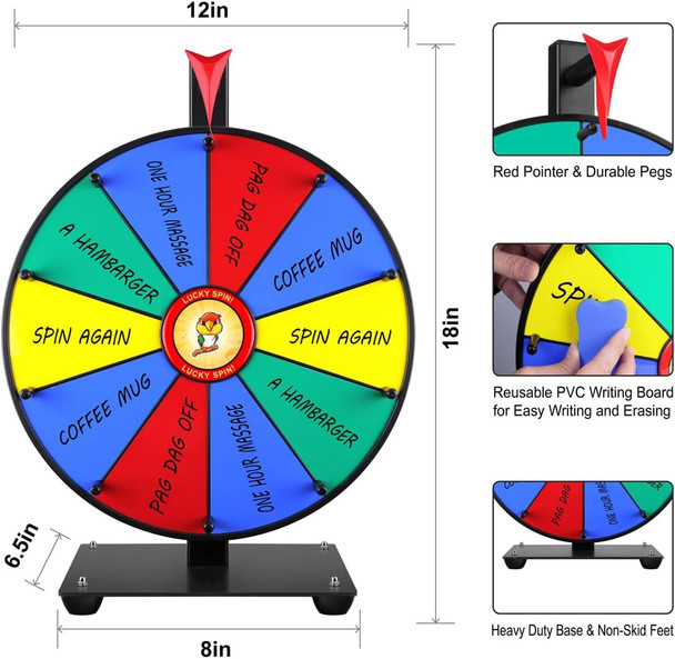 Pionites Prize Wheel Tabletop Or Wall Mount Fortune Spin With Dry Erase Marker And Eraser For Engaging Home Parties, Trade Show, Carnival Events (12'' 10Slots)