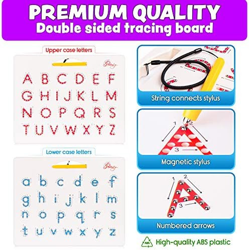 Povitrulya Magnetic Alphabet Tracing Board - Double-Sided Upper & Lower Case Magnetic Drawing Board, Abc Magnets For Learn To Write With Magnetic Pen, Stem Toy Letters Learning, Good For Homeschooling