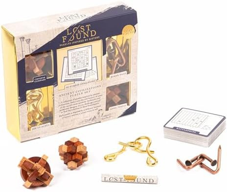 Professor Puzzle: Ancient Civilizations Five-Puzzle Set - 3D Handheld Brainteasers, Iconic Structures - 2 Wooden & 2 Metal, 50 Number Challenge Cards