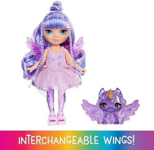 Rainbow High Rainbow High Littles Rainbow Fantasy Fairies + Pet – Amethyst, Purple 5.5" Posable Small Doll & Fantasy Pegasus Unicorn Pet With Interchangeable Fairy Wings, Kids 4+