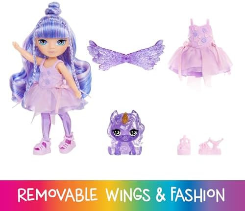 Rainbow High Rainbow High Littles Rainbow Fantasy Fairies + Pet – Amethyst, Purple 5.5" Posable Small Doll & Fantasy Pegasus Unicorn Pet With Interchangeable Fairy Wings, Kids 4+