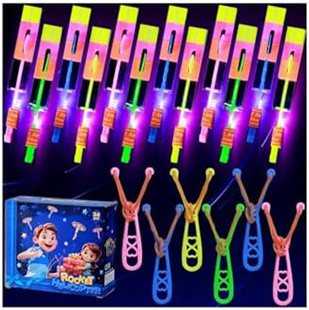 Scione 24 Sets Led Flying Set, 24 Slingshot+24 Glow Helicopter-48 Pcs, Flying Toy Outdoor Toys Glow In The Dark Party Supplies Party Favors For Kids 8-12,4-8
