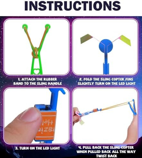 Scione 24 Sets Led Flying Set, 24 Slingshot+24 Glow Helicopter-48 Pcs, Flying Toy Outdoor Toys Glow In The Dark Party Supplies Party Favors For Kids 8-12,4-8