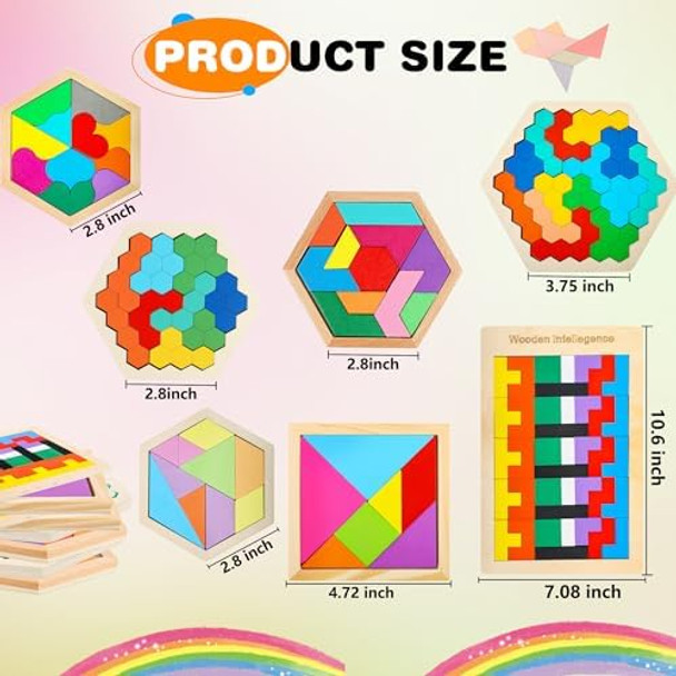 Swakuta 7 Pack Wooden Tangrams Puzzle Set Wooden Hexagon Puzzles Wood Russian Blocks Geometric Block Brain Teaser For Kids Adults 3D Logic Intelligence Iq Game