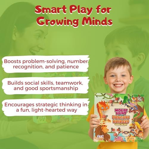 The Tiny Genius Company 2-In-1 Family Board Game For Kids 5+ Folding 19X19 Inch Board With 16 Pawns & Dice Dragons & Bridges + Mouse Cafe Educational & Fun Travel Game For Kids & Families