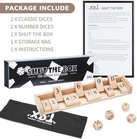 Uniqus Shut The Box Dice Game Board Game Travel Size 11'' Wooden 12 Numbers 2 Classic Dice & 2 Number Dice Storage Bag Instructions Math Learning Classroom Kids, Adults