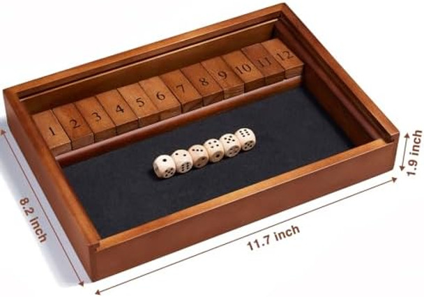Vamslove Shut The Box Dice Game Wooden Board Table Math Game For 2 Players And Up, 12 Numbers Close The Box With 6 Dice For Kids Adults Family (Instructions Included)