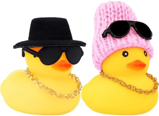 Wonuu 2Pcs Car Rubber Duck For Dashboard Decorations With Propeller Top/Knitted Hat Sunglasses Necklace Cars Accessories Yellow Ducks Car Ornament, Black+Pink Wonuu 2Pcs Car Rubber Duck For Dashboard Decorations With Propeller Top/Knitted Hat Sunglasses Necklace Cars Accessories Yellow Ducks Car Ornament, Black+Pink