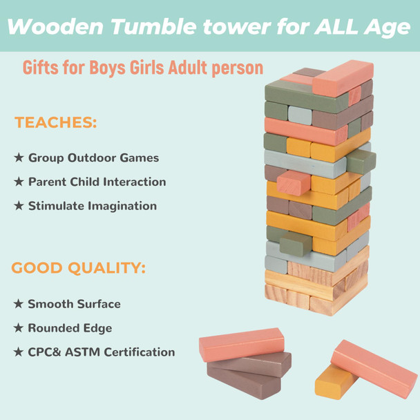 Woodenfun Wooden Blocks Stacking Games, 48Pcs Tumbling Stacking Blocks Game For Kids And Families, Wood Colorful Balancing Blocks Montessori Toys For Kids