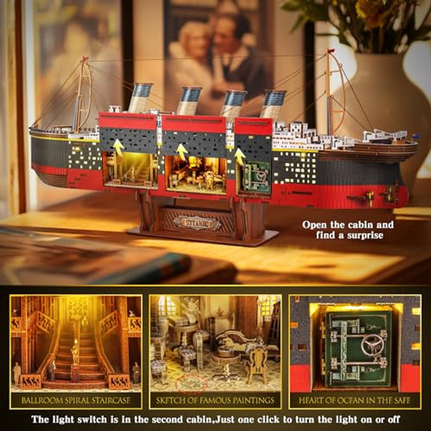 Acemend Titanic 3D Wooden Puzzles For Adult With Led Light, Home Decoration Titanic Model Kits For Adults, Sailboat Hobbies For Men, Christmas Birthday Diy Miniature Kit For Adults Teens