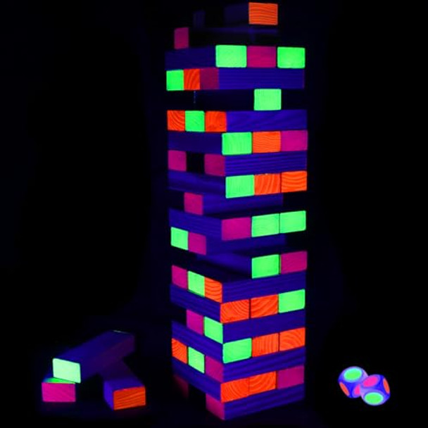 Ahuimeius 54 Piece Glow Tumble Tower Board Games, Glow In The Blacklight Tumble Tower, Indoor/Outdoor Board Game For Kids And Adults For Family Game Night