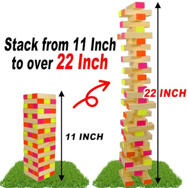 Ahuimeius 54 Piece Glow Tumble Tower Board Games, Glow In The Blacklight Tumble Tower, Indoor/Outdoor Board Game For Kids And Adults For Family Game Night