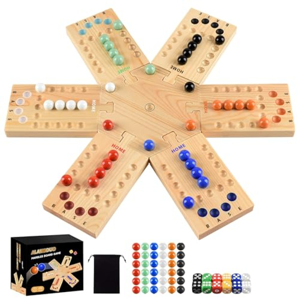 Alangduo Deeper Holes & Larger Marbles Original Wooden Marble Board Game, Portable For 2-6 Players, Wahoo Game With 36 Marbles & 12 Dice For Family, Friends, Party, Travel, And Camping