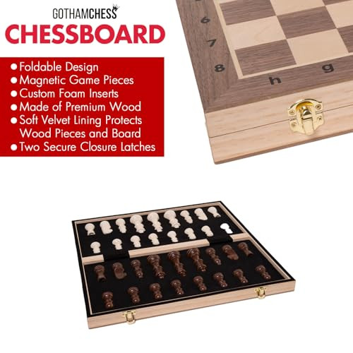 Allstar Innovations Gothamchess Board Foldable & Portable, Magnetic Chess Pieces, Organized Fitted Storage, Includes Course By International Master Levy Rozman, Game For Kids, Teens, Families & Adults 15.75" X 15.75"