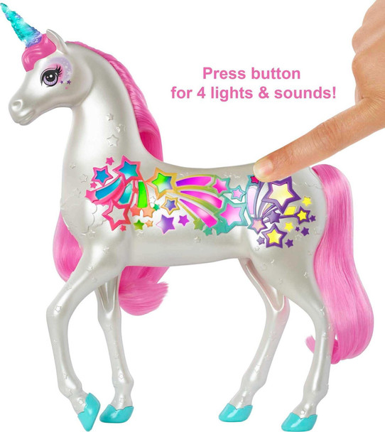 Barbie Dreamtopia Unicorn, Brush 'N Sparkle Interactive Toy With Lights & Sounds, Magical Brush Accessory, White Unicorn With Pink Mane & Light-Up Stars