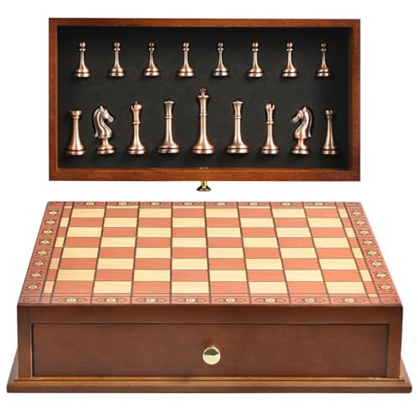 Bivomon European Retro Chess Set, Creative Wooden Chess Board Metal Chess Pieces-Desktop Chess 2 Built-In Storage Drawers-Ideal For Beginners & Professional Players Bivomon European Retro Chess Set, Creative Wooden Chess Board Metal Chess Pieces-Desktop Chess 2 Built-In Storage Drawers-Ideal For Beginners & Professional Players