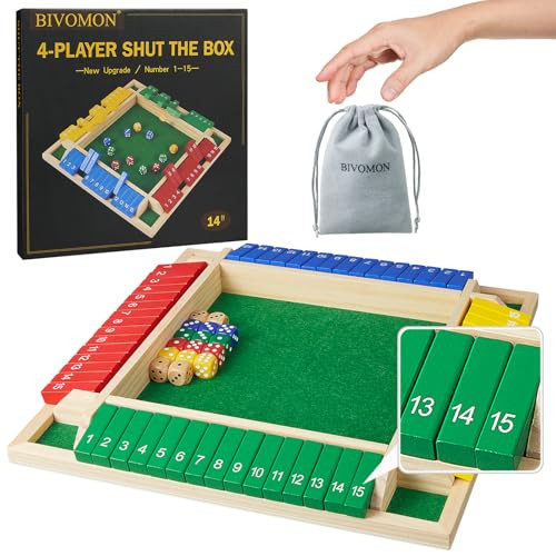 Bivomon Shut The Box Dice Game 1-4 Player, Wooden Board Table Math Games With 16 Dices, Classics Tabletop Version Games For Kids & Adults, Home, Classroom, Party Or Pub (14 Inches)