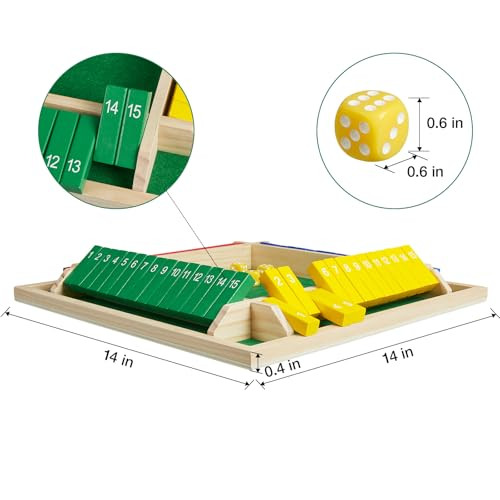 Bivomon Shut The Box Dice Game 1-4 Player, Wooden Board Table Math Games With 16 Dices, Classics Tabletop Version Games For Kids & Adults, Home, Classroom, Party Or Pub (14 Inches)