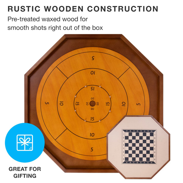 Brybelly Tournament Crokinole & Checkers Classic Dexterity Board Game For Two Players 24 Black & White Discs & Game Board 30 Inch