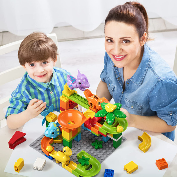 Burgkidz Marble Run Building Blocks Dino Toys: Stem Ball Race Track For Boys & Girls With Functional Dinosaur Building Blocks, Marbles Maze Game Toy Set For Kids Ages 3 4-8