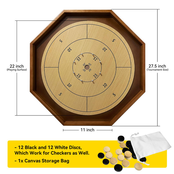 Bznota 27 Inch Tournament Crokinole Board Game, 2 In 1 Crokinole And Checkers With 22” Playing Surface, Metal Pegs, Wooden Octagon Canadian Tabletop Board Game Krokinole For Families And Friends