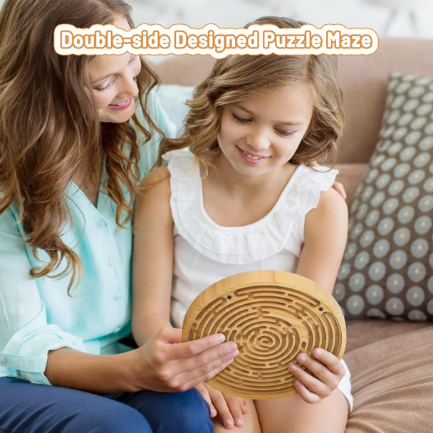 Chillkitypet Round Wooden Labyrinth Board Game - Marble Maze For Education And Fun, Toddler Activity Board, Brain Teaser Puzzle Logic Game With Two Metal Balls For Kids, Adults, Teens, Boys, And Girls