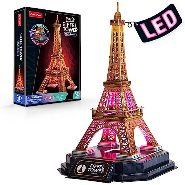 Cubicfun 3D Puzzle Led Eiffel Tower With Colorful Lights 3D Puzzles For Adults Model Kits Franch Building Crafts For Adults Brain Teaser Architecture Desk Puzzle S For Women Men