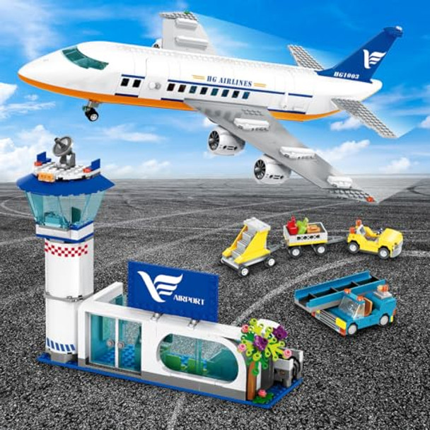 Cubimana Large City Passenger Airplane Building Toys With Led Light, 21 Inches Plane Building Sets With 2Pcs Luggage Trucks, Terminal, Radar Tower, Birthday S For Kids Boys Girls Age 6-12 (901Pcs)