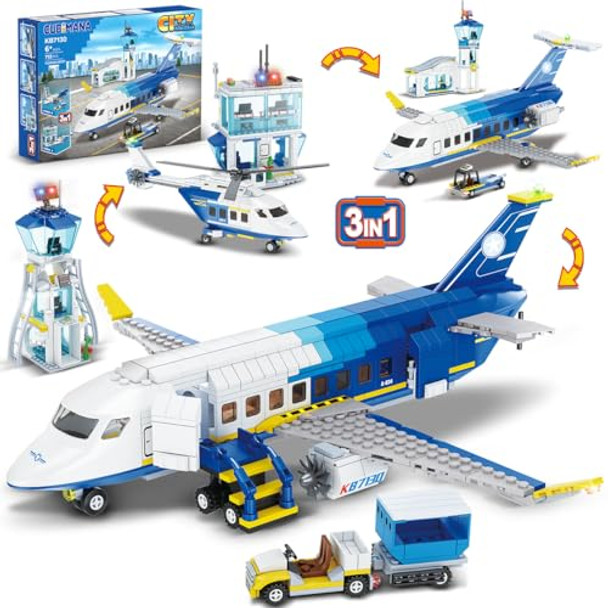 Cubimana City Passenger Airplane Building Set, 711 Pcs 3 In 1 Plane Building Blocks Kit With Airport Terminal, Radar Tower, Luggage Truck, Planes Model Toys For Boys Girls Kids 6 7 8 9+ Years Old