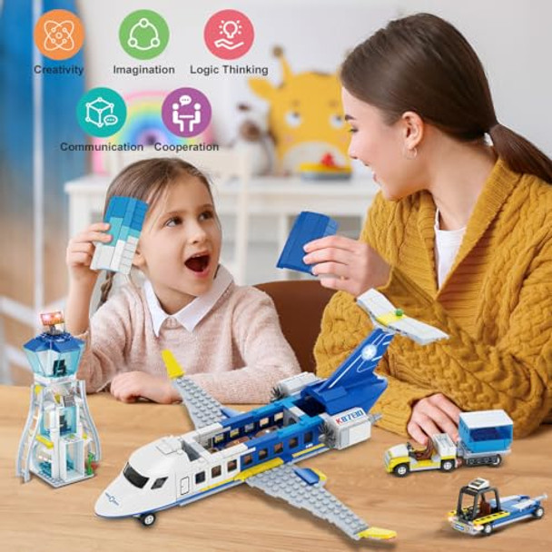 Cubimana City Passenger Airplane Building Set, 711 Pcs 3 In 1 Plane Building Blocks Kit With Airport Terminal, Radar Tower, Luggage Truck, Planes Model Toys For Boys Girls Kids 6 7 8 9+ Years Old