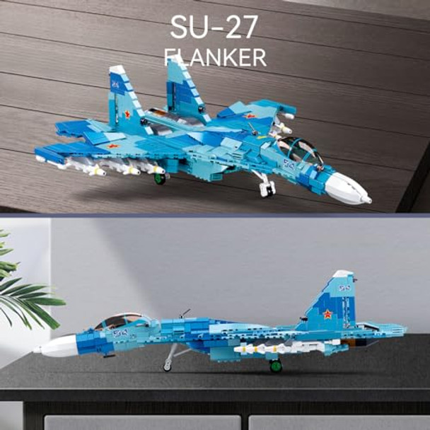 Dahonpa Su-27 Fighter Military Army Airplane Building Bricks Set With Figure, 1040 Pieces Air-Force Build Blocks Toy, For Kid And Adult.