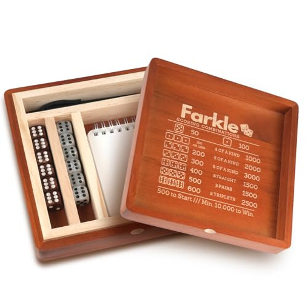 Demine Farkle Classic Dice Game Set – Wooden Dice Tray With Storage Case, 2 Sets Of Dice, Score Pad, Pen Holder & Built-In Scoring Guide – Family Game Night Or