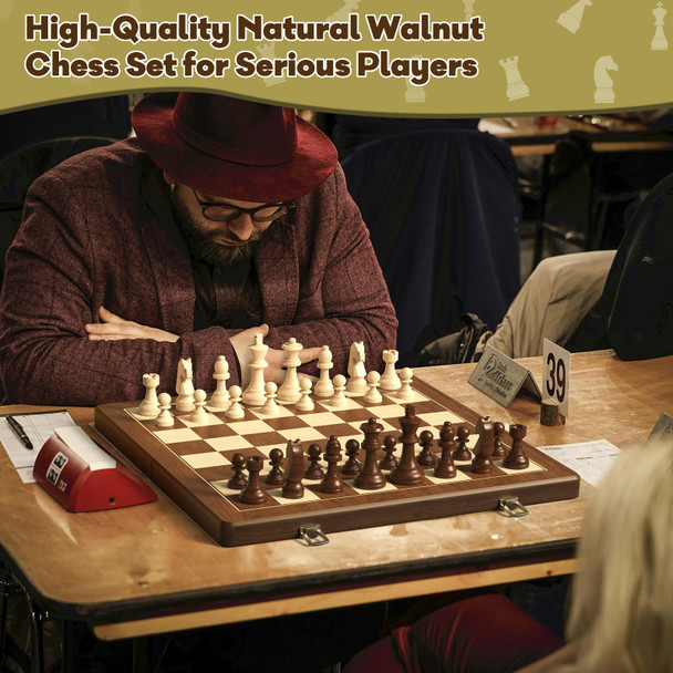 Doowroodni Premium Natural Walnut 15" Magnetic Wooden Folding Chess & Checkers Set- 2 In 1 Board Game With 3" King Staunton Pieces And 2 Extra Queens, Checkers, And Dust-Proof Storage Bag (Red)