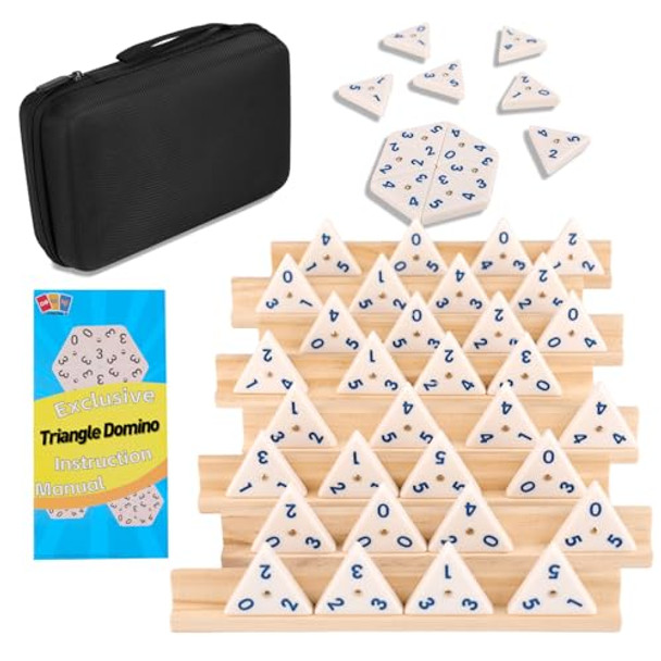 Doreimi Melamine Premium Travel Triangle Domino Game Set With 8 Wooden Holders, Includes 56 Triangular Domino Tiles And Brass Spinner, Classic Family Strategy Board Game For Kids And Adults