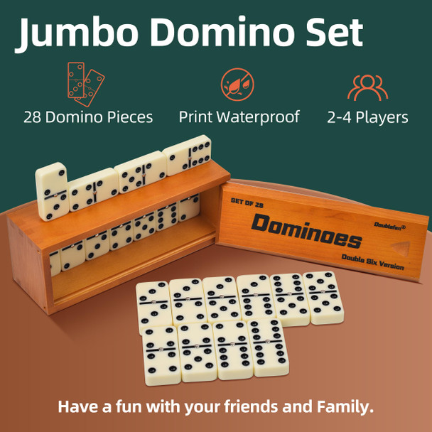 Doublefan Dominos Set For Adults, Jumbo Size Double 6 Dominoes Set, Classic Board Game For Adults And Elderly, Double Six Thick Size Domino With Spinner 28 Tiles In Exclusive Brown Wooden Box.