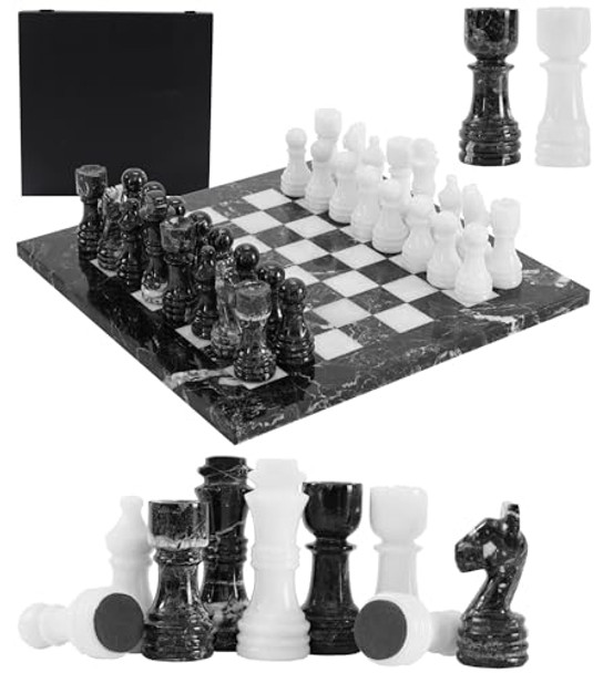 Earthen Crafts Marble Chess Set 12" Inches Handmade Black Zebra And White Board Games For Adults, Ideal Marble Chess Board Game Set & Chess Pieces For Home Decor