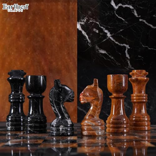 Earthen Crafts Marble Chess Set 12" Inches Handmade Black Zebra And Red Board Games For Adults, Ideal Marble Chess Board Game Set & Chess Pieces For Home Decor