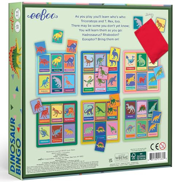 Eeboo: Dinosaur Bingo - Prehistoric Theme Classic Matching Board Game, Colorful Illustration Card Tiles, Learn Dinosaur Names, Kids 5+, 2-6 Players