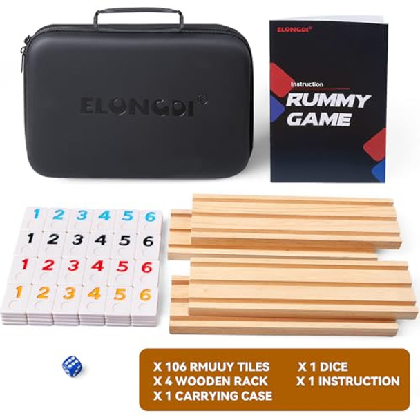 Elongdi Rummy Cube Game Set With 4 Wooden Racks,106 Rummy Tiles And Portable Case,Classic Travel Board Games For Family Adults And Kids