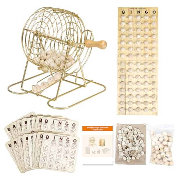 Extguds Wooden Bingo Game Set – Deluxe Bingo Kit With 7In Cage & Wooden Handle,400 Wood Bingo Chips, 15 Solid Wood Bingo Cards & Storage Bag, Master Board, 78 Bingo Balls For Large Groups, Parties