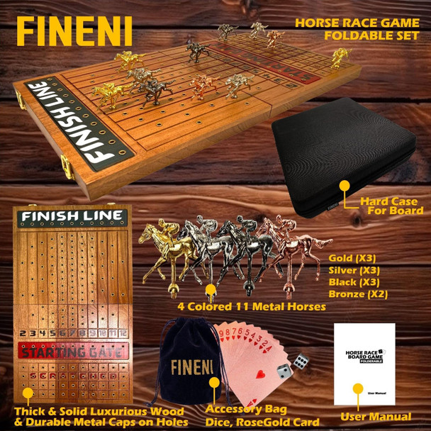 Fineni Horse Racing Game For Adults, Foldable Horse Race Board Game With 11 Luxurious Metal Horses (Gold, Silver, Black, Rosegold), 22” Sapele Wood Horse Race Game Board, Dice & Rosegold Card (Sapele) Fineni Horse Racing Game For Adults, Foldable Horse Race Board Game With 11 Luxurious Metal Horses (Gold, Silver, Black, Rosegold), 22” Sapele Wood Horse Race Game Board, Dice & Rosegold Card (Sapele)