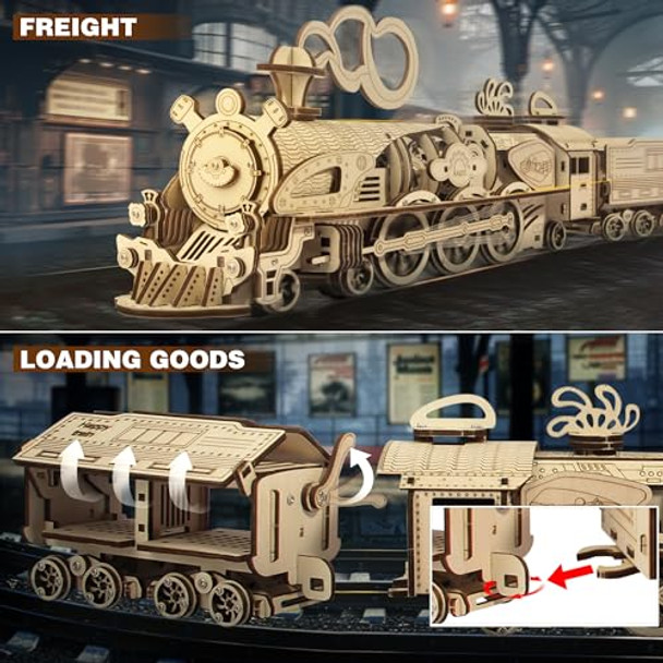 Fuiltee 3D Wooden Puzzles For Adults, Diy Mechanical Train Model Kit, Movable Model Train, Removable Carriages, Unique For 14+ Teens And Adults (279Pcs)
