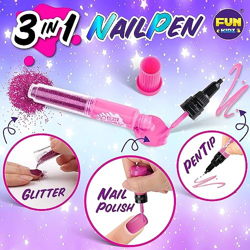 Fun Kidz Kids Nail Kit For Girls Ages 7-12, Funkidz Ultimate 315Pcs Nail Polish Pens Combo Pack Size 17.91Wx12.4L Glitter Temporary Nail Supplies For Teens Spa Makeup Kit