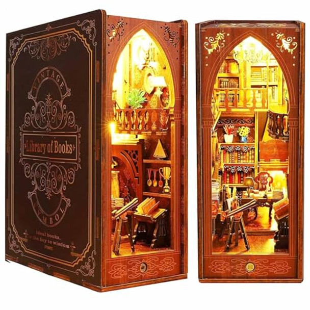 Funle Book Nook Kit For Adult, Diy Miniature Dollhouse Booknook Kit With Led Lights, 3D Wooden Puzzle Bookend For House Home Library Decor Funle Book Nook Kit For Adult, Diy Miniature Dollhouse Booknook Kit With Led Lights, 3D Wooden Puzzle Bookend For House Home Library Decor