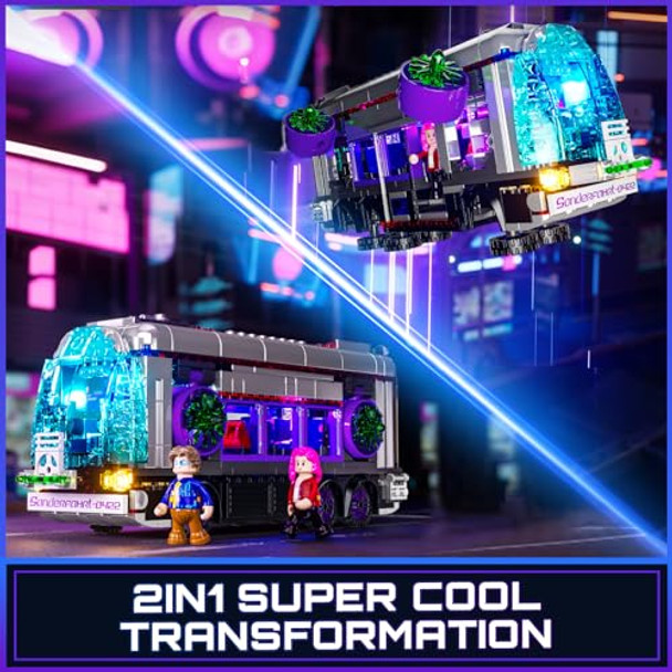 Funwhole Cyberpunk Future-Bus Lighting-Building-Bricks Set - Cyberpunk City Future Vehicle Collection Led Light 2In1 Car Model Display Set 605 Pcs For Adults And Sci-Fi Lovers