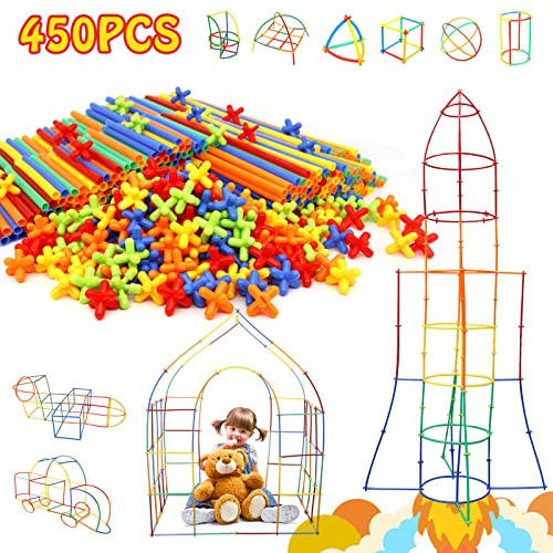 Ggiibro Creative Straw Stem Building Toys 450Pcs Aged For 3-5 5-7 Preschool Kids Constructor Toy Thin Tube Toy Diy Educational Interlocking Plastic Engineering Toys Kit For Boys And Girls