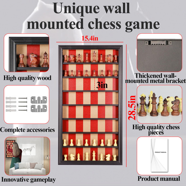 Grhonior Wall Mount Chess Board Game Wooden Giant Chess Game Set Vertical Hanging Display Case Family Play Game Art Decor For Home (Flame)